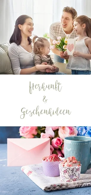 Eine Mama sitzt mit ihren Kindern auf dem Sofa, darunter steht "Herkunft und Geschenk Ideen", ganz unten ist ein Blumenstrauß zu sehen