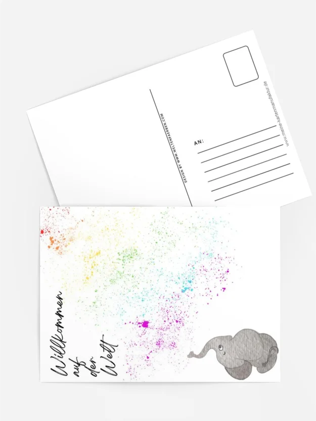 Willkommenskarte „Kleiner Elefant – Regenbogenfarben“
