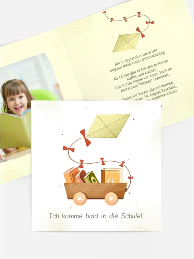 Einladungskarte Einschulung Buchwagen