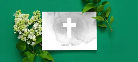 Trauerkarte quer in weiß, Motiv Kreuz mit grauem Hintergrund