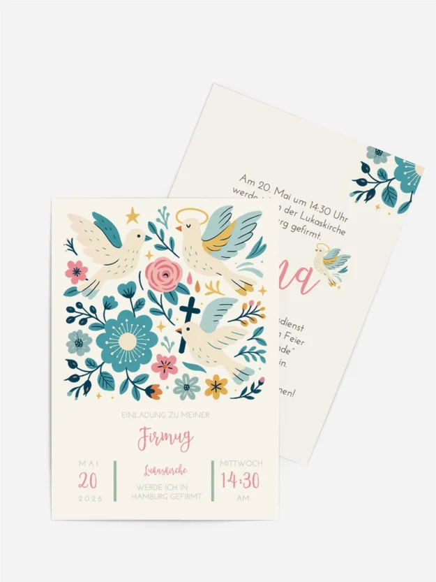 Einladungskarte Firmung Vögel in Blumen Einladungskarte Firmung Vögel in Blumen
