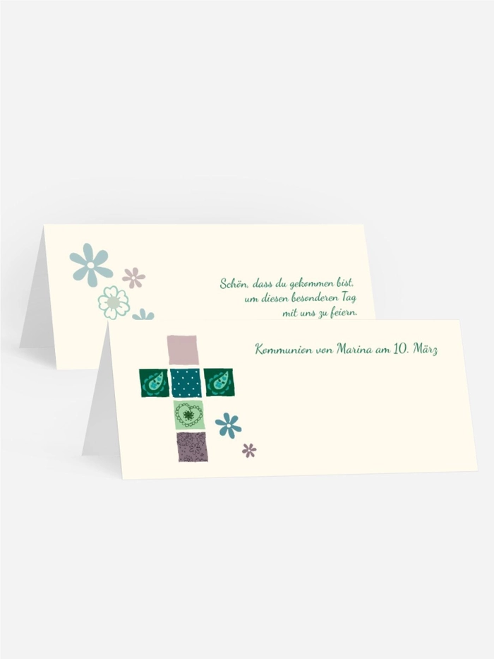 Tischkarte Kommunion Florales Kreuz