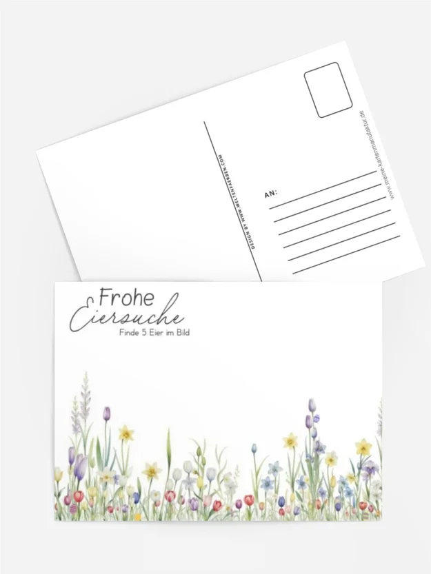 „Osterkarte Frohe Eiersuche – Versteckte Eier im Frühlingsgarten“