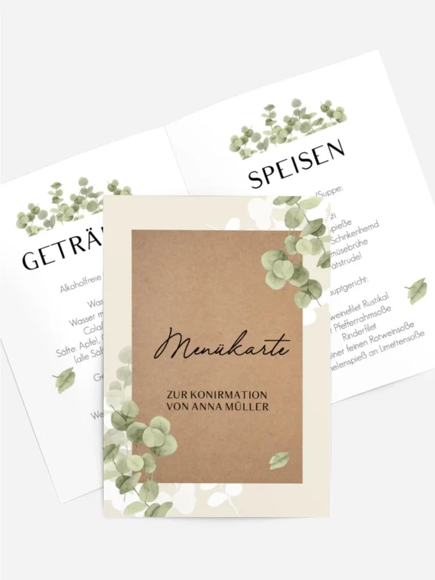 Menükarte Konfirmation Umgeben von Blättern