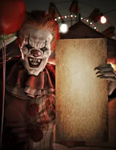 Gruseliger Halloween Clown auf Halloween-Party, hält Schild in der Hand