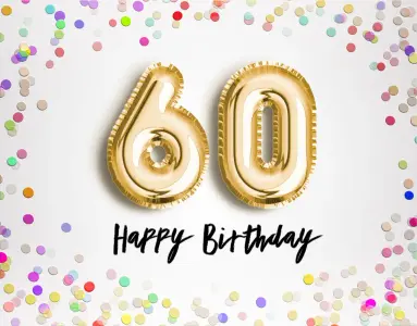 Motiv für eine lustige Einladungskarte zur Feier des 60. Geburtstag mit Konfetti und goldenen Ballons