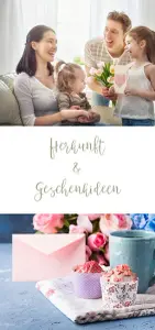 Eine Mama sitzt mit ihren Kindern auf dem Sofa, darunter steht "Herkunft und Geschenk Ideen", ganz unten ist ein Blumenstrauß zu sehen
