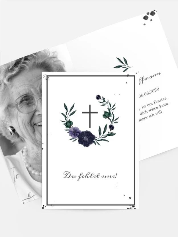 Sterbebildkarte Blumenkranz mit Christuskreuz