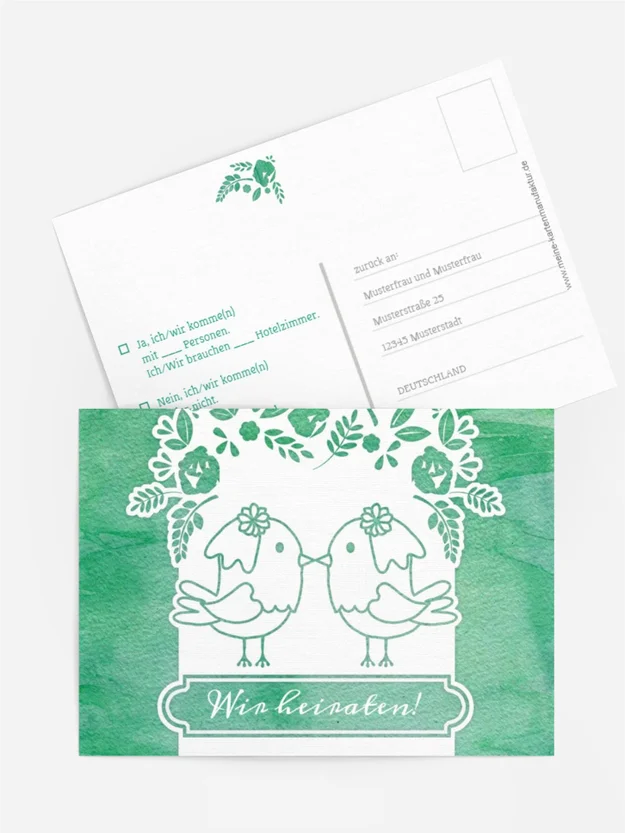 Antwortkarte zur Hochzeit Vogelpaar Brautkleid