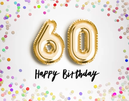 Motiv für eine lustige Einladungskarte zur Feier des 60. Geburtstag mit Konfetti und goldenen Ballons