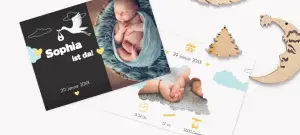 Geburtskarte mit Storch und Foto des kleinen Babys