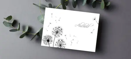 Dankeskarte Erinnerung, weiße Karte mit stilisierten Pusteblumen