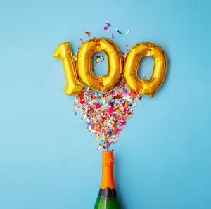 Einladung 100 Geburtstag mit Sektflasche aus der Konfetti schießt
