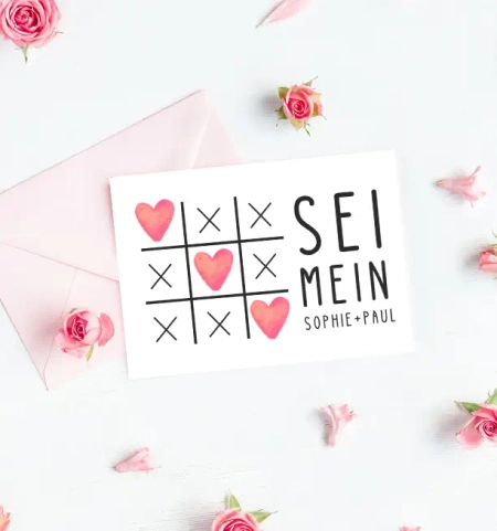 Tic Tac Toe Valentinskarte, Text Sei Mein Valentin, Sophie und Paul, mit Umschlag