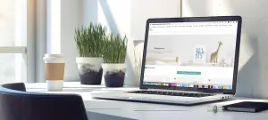 Dankeskarten oder Babykarten am Laptop gestalten, Laptop auf Schreibtsich, daneben Kaffeebecher aus Pappe