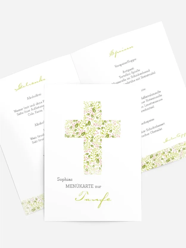 Menükarte Taufe Blumenkreuz