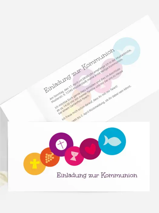 Einladung zur Kommunion bunte Elemente