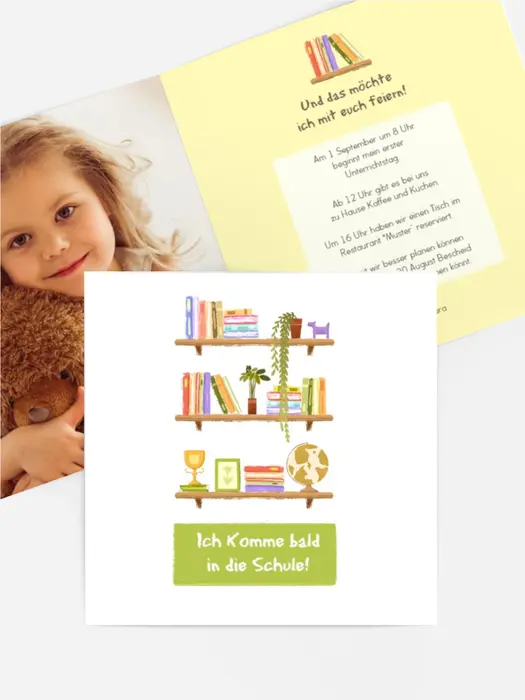 Einladungskarte Einschulung Bücherregal