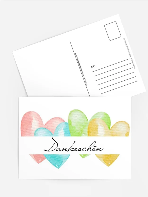 Postkarte „Dankeschön“ – Aquarellherzen in Pastell