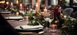 Edle Tischdeko zur Hochzeit auf dunklem Holztisch mit Besteck in Gold, Efeu und Eukalyptus