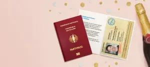 Lustige Geburtstagskarte als Reisepass mit Sektflasche abgebildet, als Idee für Einladung zum Geburtstag gestalten