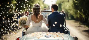 Brautpaar nach der Hochzeit im Carbrio umgeben von Blütenregen