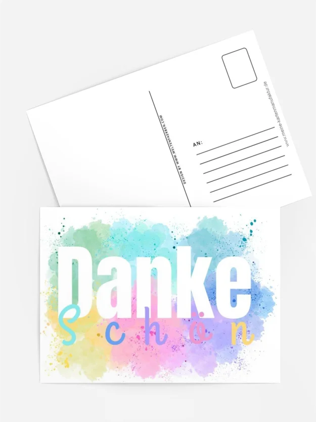 Postkarte „Dankeschön“ – Bunte Aquarellfarben & moderne Typografie
