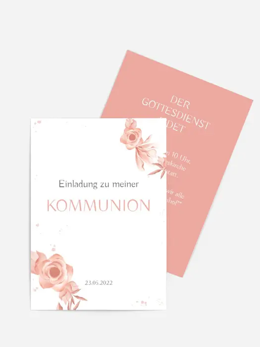 Einladungskarte Kommunion Rosa Rosen