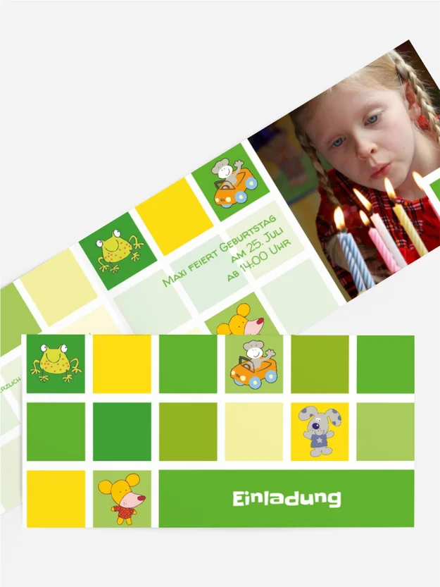 Einladungskarte Tierchen Würfel Foto