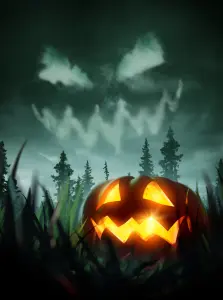 Oranger Kürbis für Halloweenparty im Garten, als Motiv für Halloween Einladungskarten