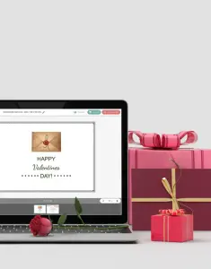 Grußkarte zum Valentinstag gestalten, online am PC, pinkfarbenes Paket liegt für den Liebsten breit