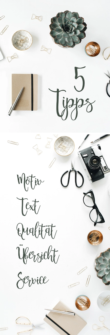 Schriftzug "Motiv" und "Text" auf weißem Hintergrund mit schwarzen vintage Accessoires wie Brille und Kamera, Tipps um Einladung zum Geburtstag zu gestalten