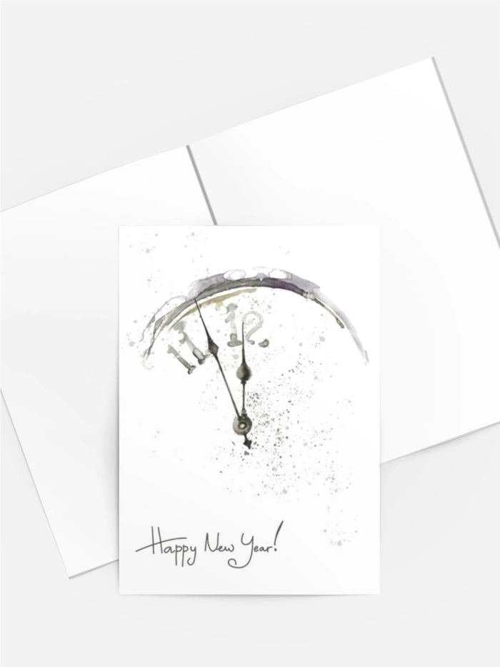 Aquarell-Neujahrskarte Uhr – Happy New Year minimalistisch