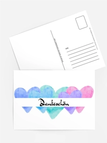 Postkarte „Dankeschön“ – Aquarellherzen in Blau und Rosa
