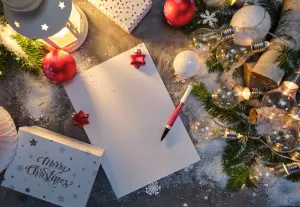 Grußkarten zu Weihnachten selbst schreiben und gestalten mit Zettel und Stift, Christbaumkugeln und Zweige im Hintergrund