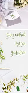 Grüner eleganter Schriftzug "Ganz einfach Karten gestalten" auf weißem Hintergrund