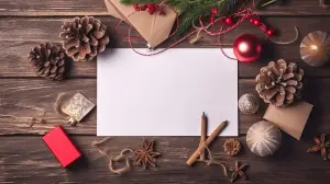Geschäftliche Weihnachtsgrüße auf weißer Karte auf Holztisch, mit Tannzapfen und Hölzern