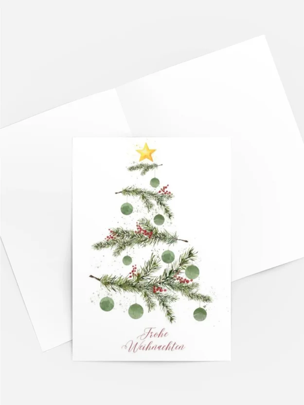 Aquarell Weihnachtskarte „Tannenbaum mit Stern“ in Grün und Rot