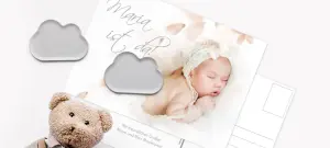 Geburtskarte mit großem Bild des Babys und Spruch