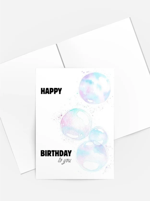 Geburtstagskarte „Happy Birthday“ mit Aquarell-Seifenblasen