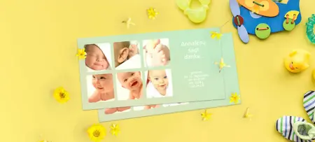 Danksagung auf Dankeskarte zur Geburt, mit Fotos des Babys im Collage Stil, gelber Hintergrund