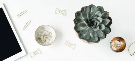 Bild von elegantem Schreibtisch in weiß mit einer Pflanze und Schale mit Büroklammern in gold zum Gestalten der Einladungskarten