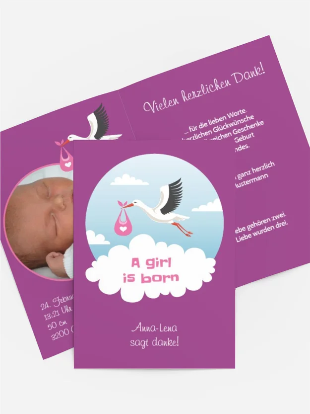 Dankeskarte Geburt - Storch Mädchen Dankeskarte Geburt - Storch Mädchen