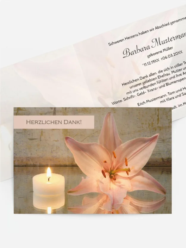 Trauerdanksagung Kerze und Blume quer