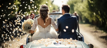 Brautpaar nach der Hochzeit im Carbrio umgeben von Blütenregen