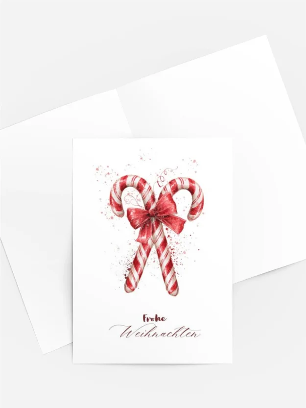 Aquarell Weihnachtskarte „Zuckerstangen mit roter Schleife“