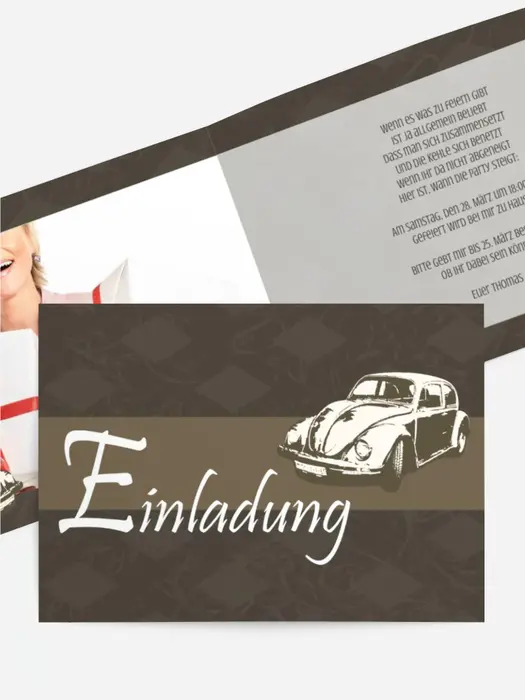 Einladungskarte zum Geburtstag old car Foto