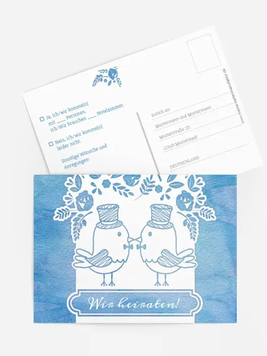 Antwortkarte zur Hochzeit Vogelpaar Zylinder
