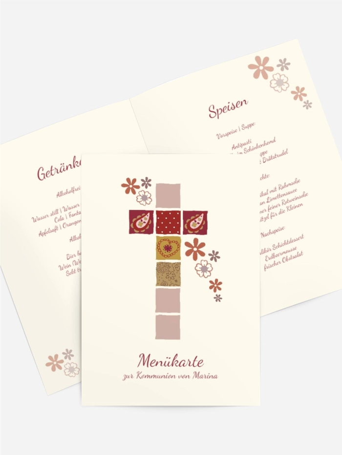 Menükarte Kommunion Florales Kreuz
