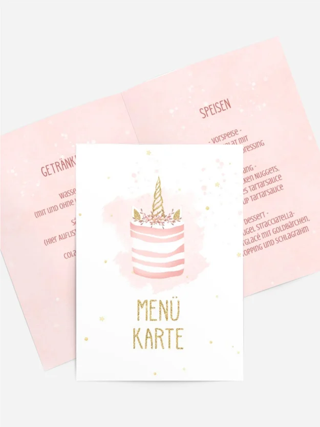 Menükarte Geburtstag Einhorn-Kuchen